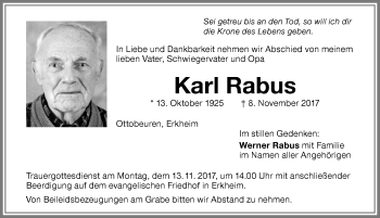 Traueranzeige von Karl Rabus von Memminger Zeitung