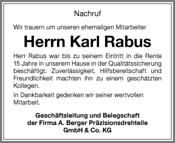 Traueranzeige von Karl Rabus von Memminger Zeitung