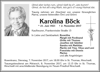Traueranzeige von Karolina Böck von Allgäuer Zeitung, Kaufbeuren/Buchloe