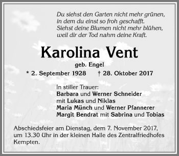 Traueranzeige von Karolina Vent von Allgäuer Zeitung,Kempten