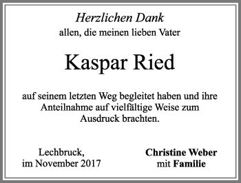 Traueranzeige von Kaspar Ried von Allgäuer Zeitung, Füssen