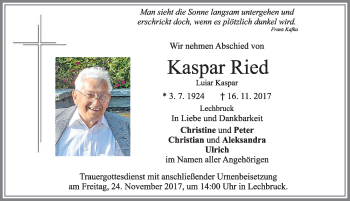 Traueranzeige von Kaspar Ried von Allgäuer Zeitung, Füssen