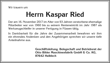 Traueranzeige von Kaspar Ried von Allgäuer Zeitung, Füssen