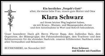 Traueranzeige von Klara Schwarz von Allgäuer Anzeigeblatt