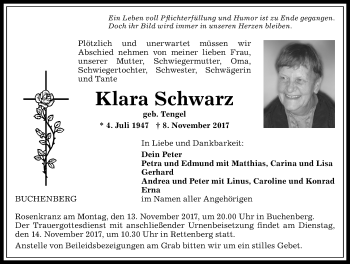 Traueranzeige von Klara Schwarz von Allgäuer Anzeigeblatt