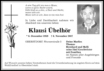 Traueranzeige von Klausi Übelhör von Allgäuer Anzeigeblatt