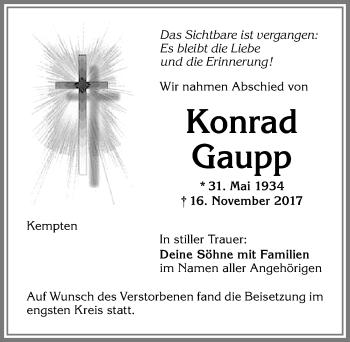 Traueranzeige von Konrad Gaupp von Allgäuer Zeitung,Kempten