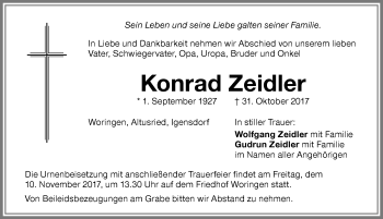Traueranzeige von Konrad Zeidler von Memminger Zeitung