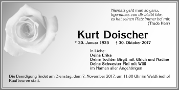 Traueranzeige von Kurt Doischer von Allgäuer Zeitung, Kaufbeuren/Buchloe