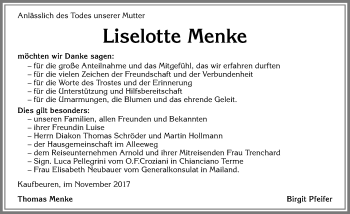 Traueranzeige von Liselotte Menke von Allgäuer Zeitung, Kaufbeuren/Buchloe