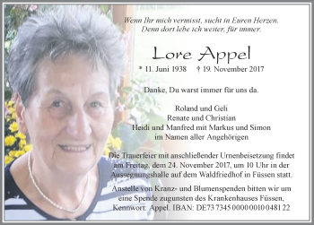 Traueranzeige von Lore Appel von Allgäuer Zeitung, Füssen