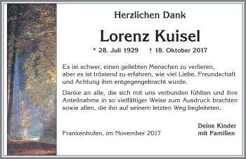 Traueranzeige von Lorenz Kuisel von Allgäuer Zeitung, Kaufbeuren/Buchloe