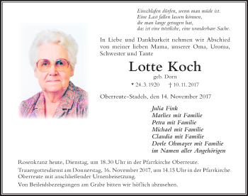 Traueranzeige von Lotte Koch von Der Westallgäuer
