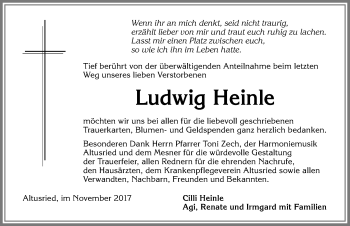 Traueranzeige von Ludwig Heinle von Allgäuer Zeitung,Kempten
