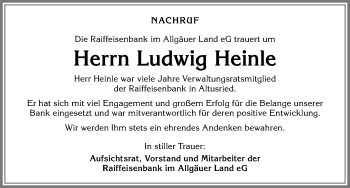 Traueranzeige von Ludwig Heinle von Allgäuer Zeitung,Kempten