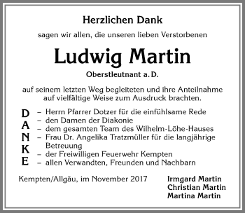 Traueranzeige von Ludwig Martin von Allgäuer Zeitung,Kempten