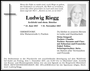 Traueranzeige von Ludwig Riegg von Allgäuer Anzeigeblatt