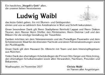 Traueranzeige von Ludwig Waibl von Allgäuer Zeitung, Kaufbeuren/Buchloe
