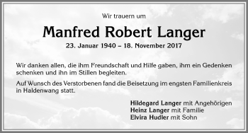 Traueranzeige von Manfred Robert Langer von Allgäuer Zeitung,Kempten