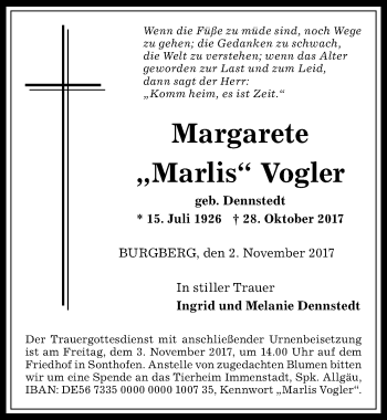 Traueranzeige von Margarete Marlis Vogler von Allgäuer Anzeigeblatt