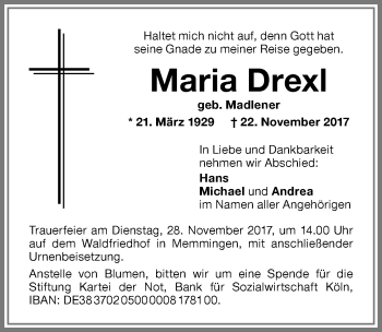 Traueranzeige von Maria Drexl von Memminger Zeitung