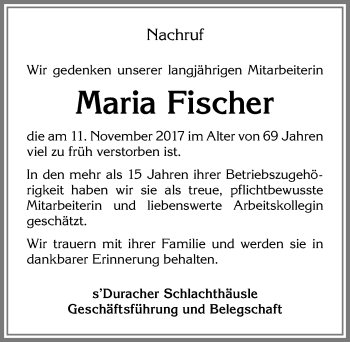 Traueranzeige von Maria Fischer von Allgäuer Zeitung,Kempten