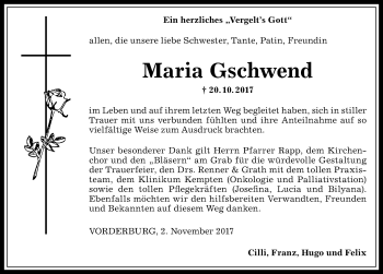 Traueranzeige von Maria Gschwend von Allgäuer Anzeigeblatt