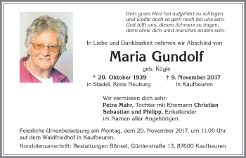 Traueranzeige von Maria Gundolf von Allgäuer Zeitung