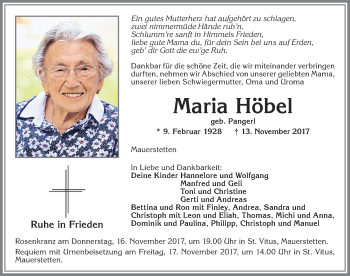 Traueranzeige von Maria Höbel von Allgäuer Zeitung, Kaufbeuren/Buchloe