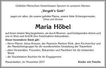 Traueranzeige von Maria Höbel von Allgäuer Zeitung, Kaufbeuren/Buchloe