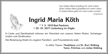 Traueranzeige von Maria Köth von Allgäuer Zeitung, Marktoberdorf