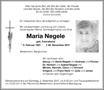 Traueranzeige von Maria Negele von Memminger Zeitung