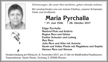 Traueranzeige von Maria Pyrchalla von Allgäuer Zeitung, Kaufbeuren/Buchloe