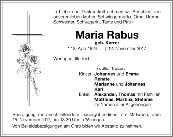 Traueranzeige von Maria Rabus von Memminger Zeitung