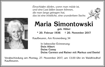 Traueranzeige von Maria Simontowski von Allgäuer Zeitung