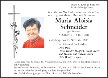 Traueranzeige von Maria Aloisia Schneider von Der Westallgäuer