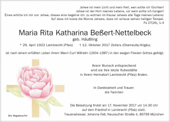 Traueranzeige von Maria Rita Katharina Beßert-Nettelbeck von Der Westallgäuer
