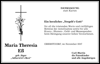 Traueranzeige von Maria Theresia Eß von Allgäuer Anzeigeblatt