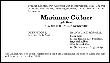 Traueranzeige von Marianne Gößner von Allgäuer Anzeigeblatt