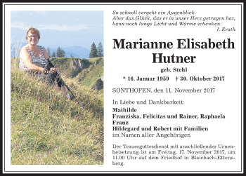 Traueranzeige von Marianne Elisabeth Hutner von Allgäuer Anzeigeblatt