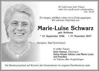 Traueranzeige von Marie-Luise Schwarz von Allgäuer Zeitung,Kempten