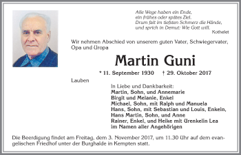 Traueranzeige von Martin Guni von Allgäuer Zeitung,Kempten