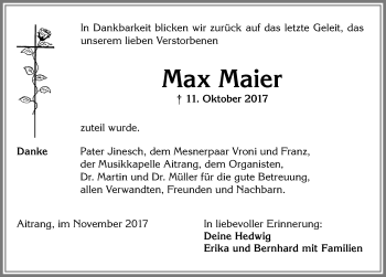 Traueranzeige von Max Maier von Allgäuer Zeitung, Marktoberdorf