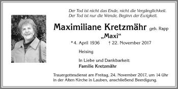 Traueranzeige von Maximiliane Kretzmähr von Allgäuer Zeitung,Kempten