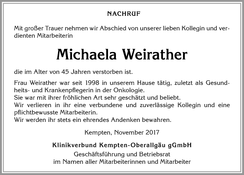  Traueranzeige für Michaela Weirather vom 04.11.2017 aus Allgäuer Zeitung