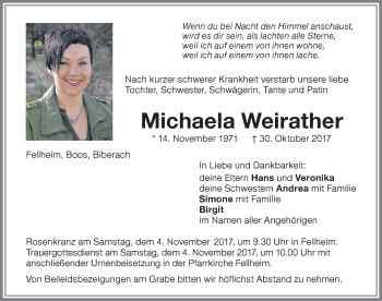 Traueranzeige von Michaela Weirather von Memminger Zeitung