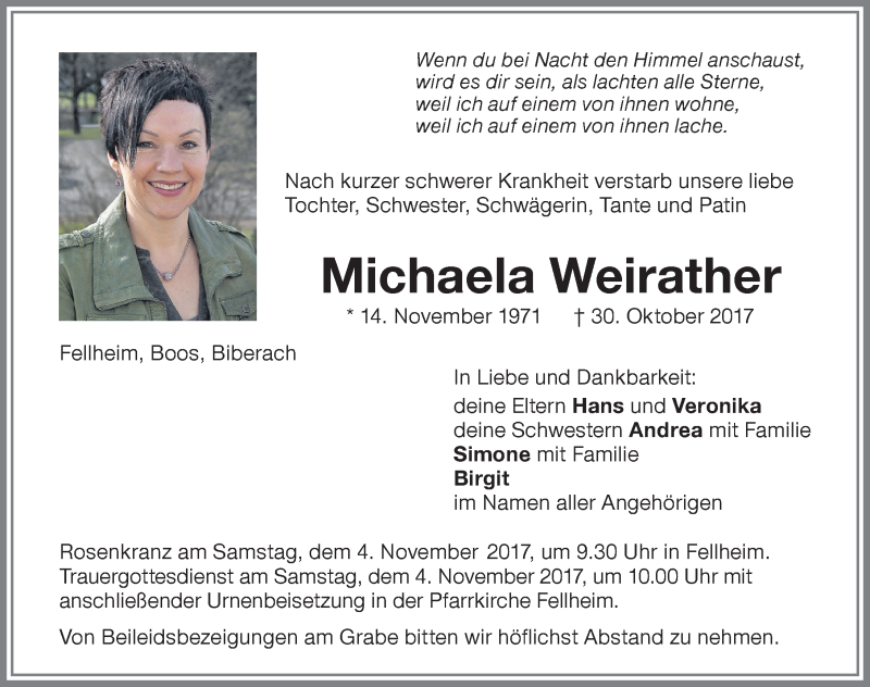  Traueranzeige für Michaela Weirather vom 03.11.2017 aus Memminger Zeitung