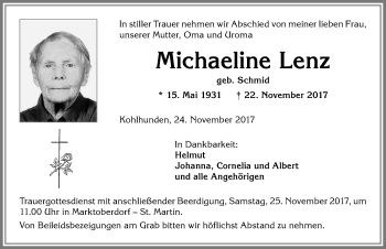 Traueranzeige von Michaeline Lenz von Allgäuer Zeitung, Marktoberdorf