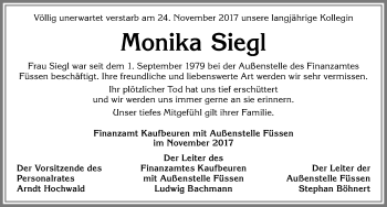 Traueranzeige von Monika Siegl von Allgäuer Zeitung, Füssen