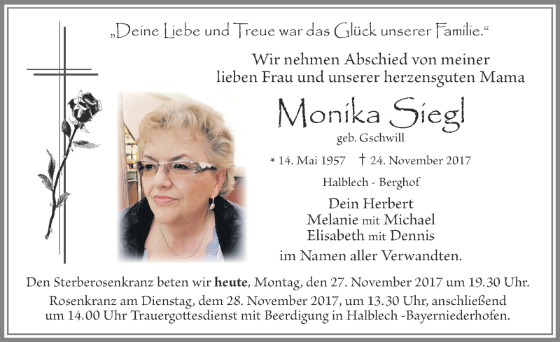 Traueranzeige für Monika Siegl vom 27.11.2017 aus Allgäuer Zeitung, Füssen